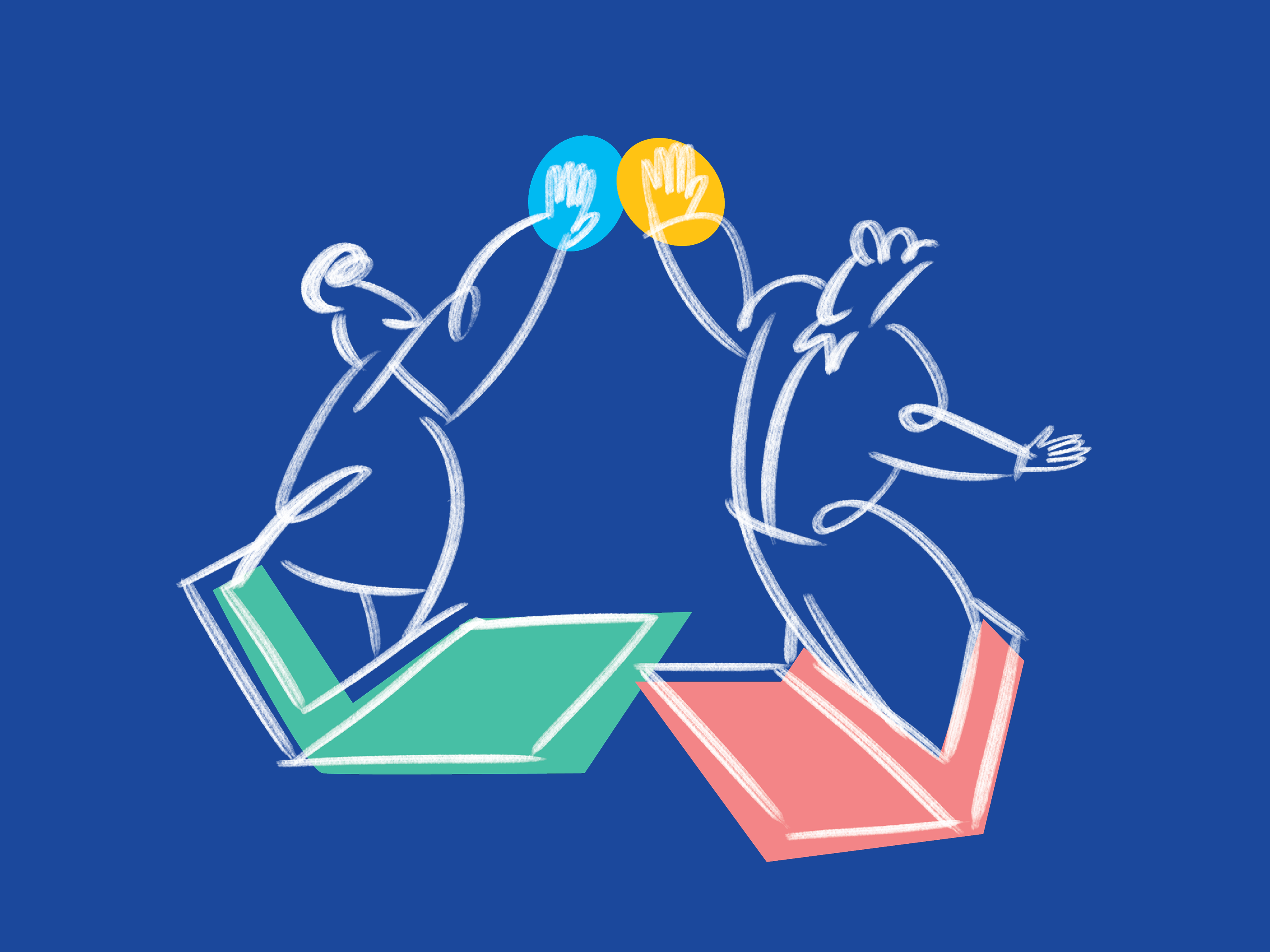 Sketch of two person emerging from laptop screen to give each other high five